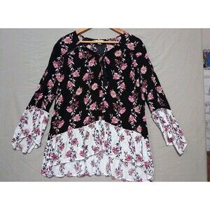 Cato floral print black white pink blouse Sz L Preppy Cottagecore Boho Chic